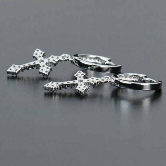 New Men's Sterling Silver Diamond Cross Earrings - Picture 3 of 4